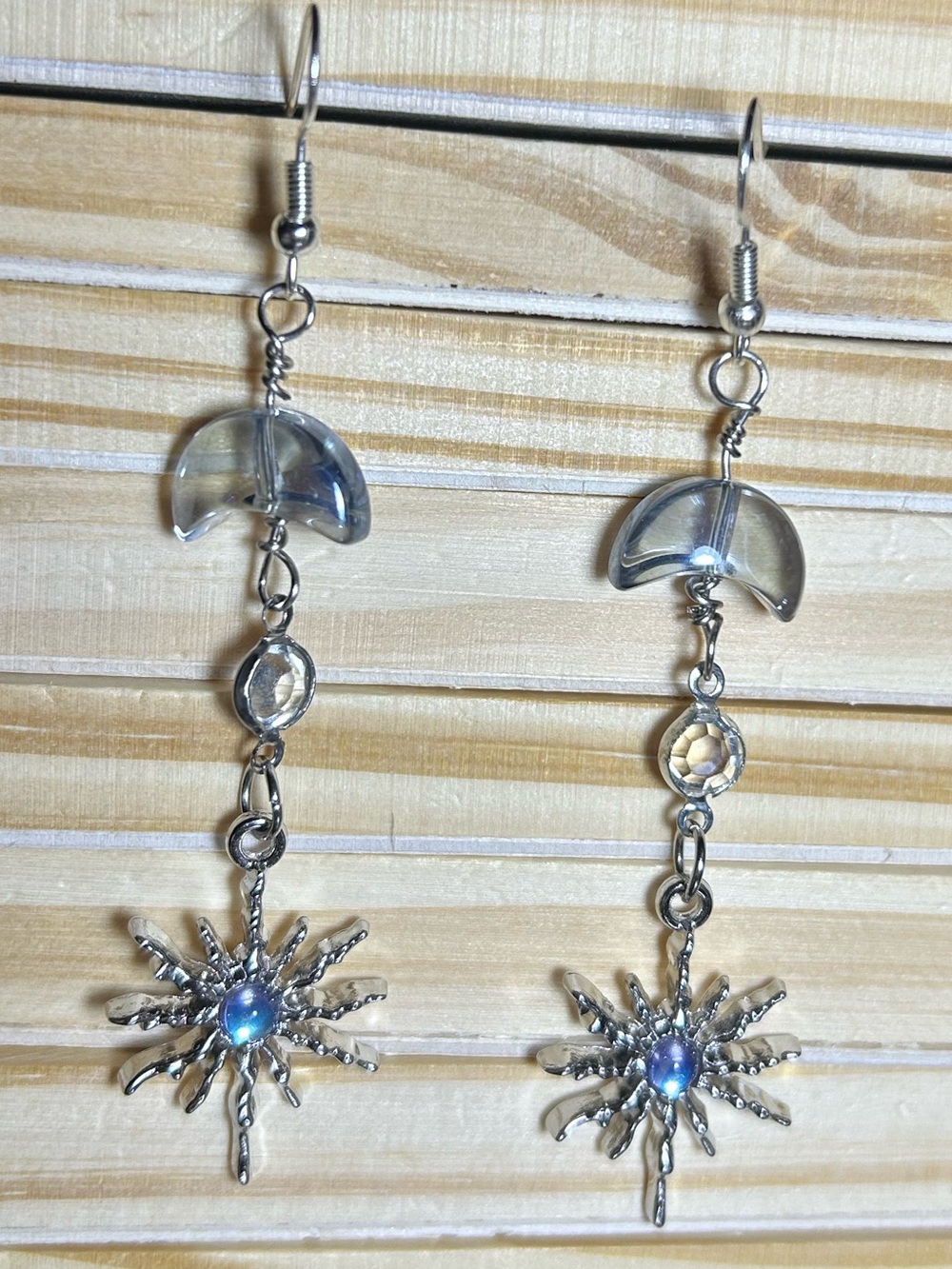 3/$25 Silver Moon & Starburst Dangle Earrings with Blue Accent